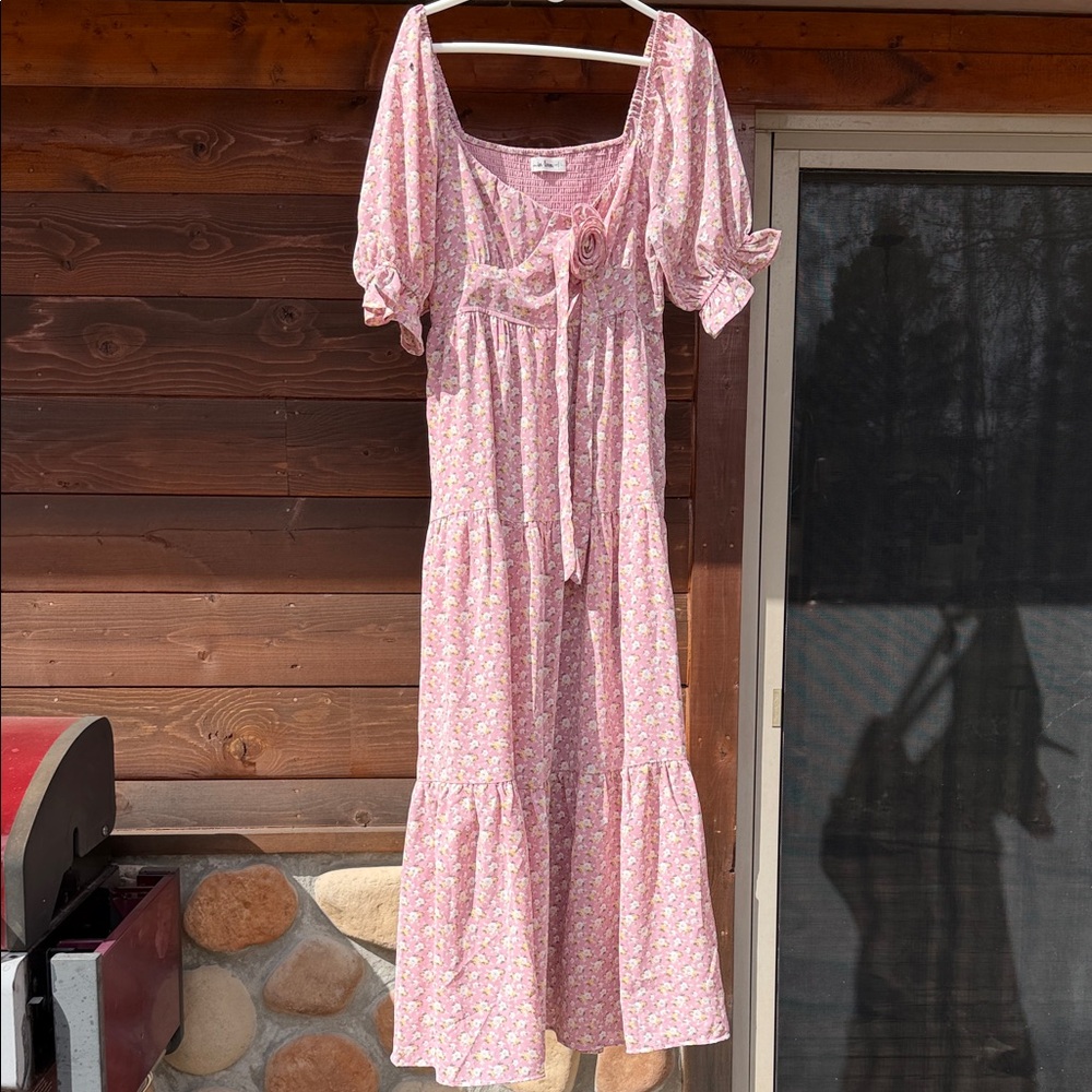 Romantic Pink Floral Tie-Front Maxi Dress